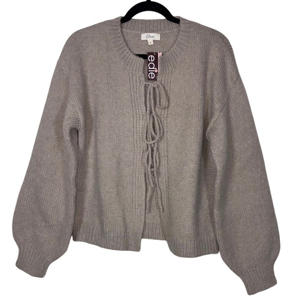 Elan Sweaters - Elan Taupe Tie Front Sweater Cardigan Women's S Chunky Knit Balloon Sleeve